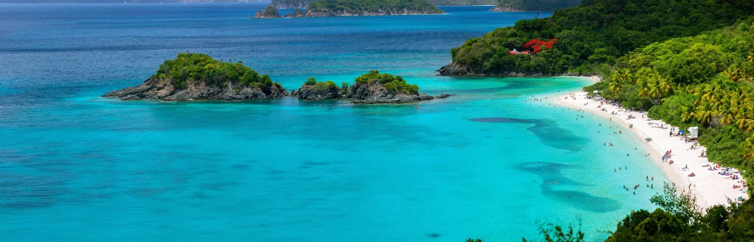 Trunk Bay beach from above - aerial view of the bay and turquoise water